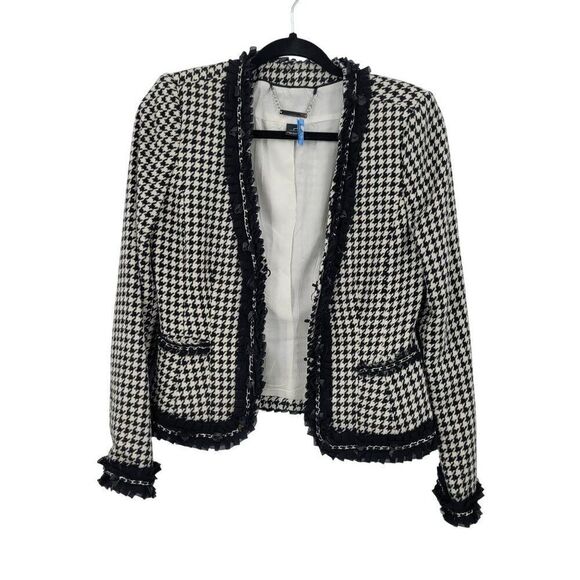 WHBM  Womens Wool Blend Houndstooth Blazer Sz 2 Ruffle Chain Fringe Trim Black - Picture 1 of 15